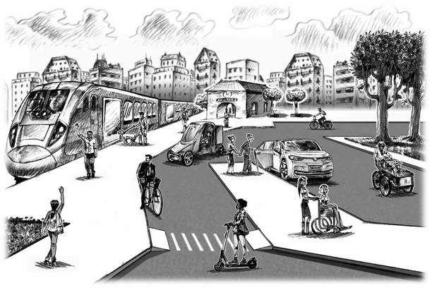 Zeichung eines modernen Bahnsteigs mit mit autonomen Fahrzeugen und inklusiven Mobilitaetsangeboten als Titelbild zum 1. Kapitel des Buchs "Mobilität in Bewegung"