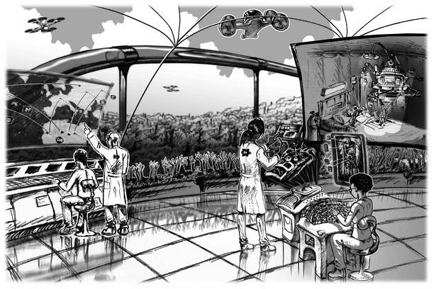 Zeichung einer futuristischen Szene mit Personen vor großen Bildschirmen unter einer Glaskuppel und Drohnen im Himmel als Titelbild zum 10. Kapitel des Buchs "Mobilität in Bewegung"