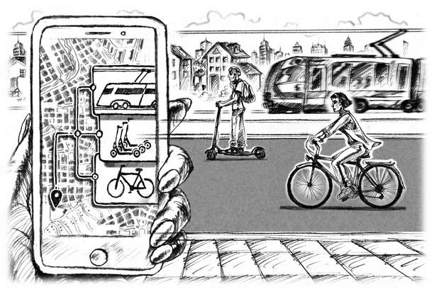 Zeichung eines Smartphones mit einer App die nachhaltige Mobilitaet mit einem Klick ermöglicht als Titelbild zum 1. Kapitel des Buchs "Mobilität in Bewegung"