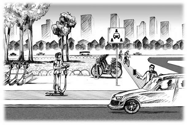 Zeichung eines Sammlepunkts für verschiedene Mobilitaetsangebote mit einem E-Roller, EBikes und einem E-Auto als Titelbild zum 3. Kapitel des Buchs "Mobilität in Bewegung"