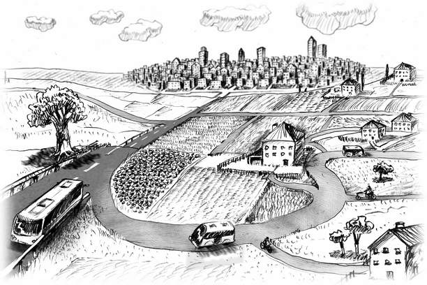 Zeichung einer ländlichen Szene mit autonomen Autos und Bussen um die vernetzte Moblität auf dem Land zu verdeutlichen als Titelbild zum 5. Kapitel des Buchs "Mobilität in Bewegung"