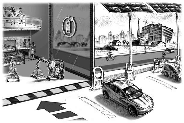 Zeichung einer digitalisierten Werkstatt der Zukunft mit E-Autos und einer smarten Stadt im Hintergrund als Titelbild zum 6. Kapitel des Buchs "Mobilität in Bewegung" von Nari Kahle