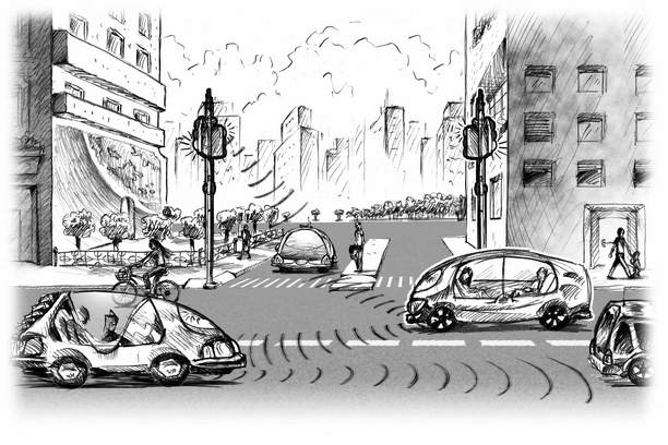 Zeichung von vernetztem Verkehr und Autos in einer smarten City als Titelbild zum 7. Kapitel des Buchs "Mobilität in Bewegung"