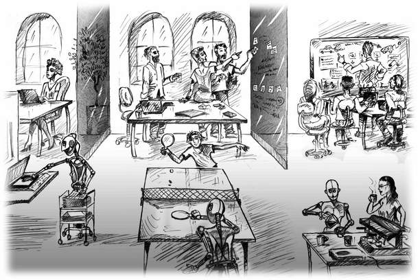 Zeichung eines Raums in dem Menschen und Roboter Hand in Hand arbeiten und Zeit verbringen als Titelbild zum 8. Kapitel des Buchs "Mobilität in Bewegung" von Nari Kahle