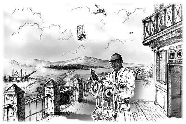 Zeichung eines Arztes der eine Medikamentenlieferung von einer Drohne erhält als Titelbild zum 9. Kapitel des Buchs "Mobilität in Bewegung" von Dr. Nari Kahle